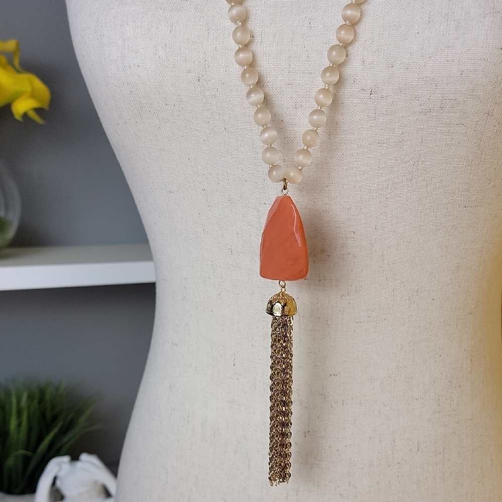 Chico's Elegant Coral Peach Gold Tassel Necklace